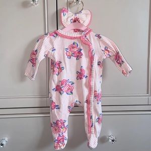 Pink and white floral footie w headband
